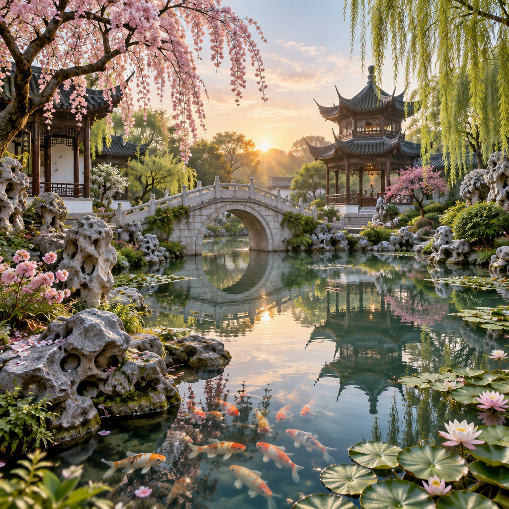 Classical Chinese water garden with an arched stone bridge over a koi pond with weeping cherry trees.