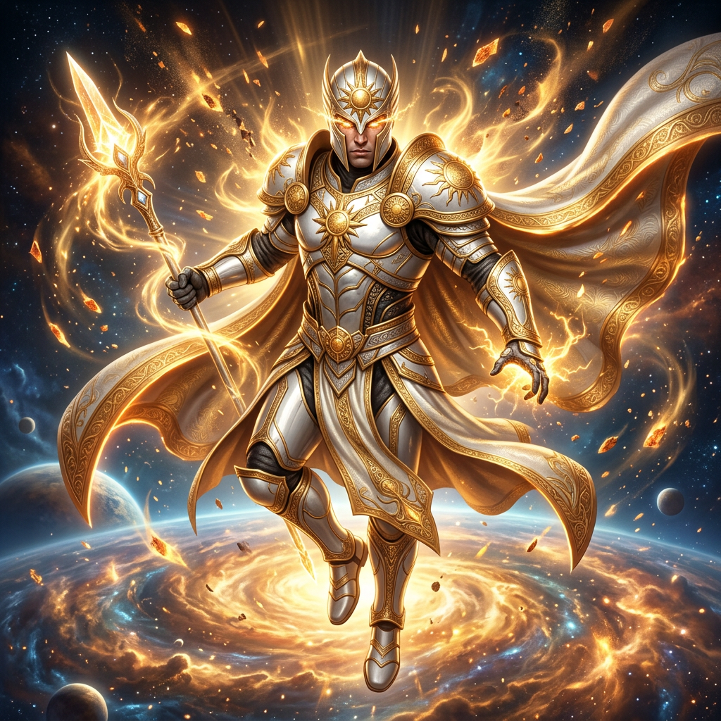 Transcendent mythic demigod hero in radiant white and gold ceremonial armor surrounded by floating golden sunlight particles.