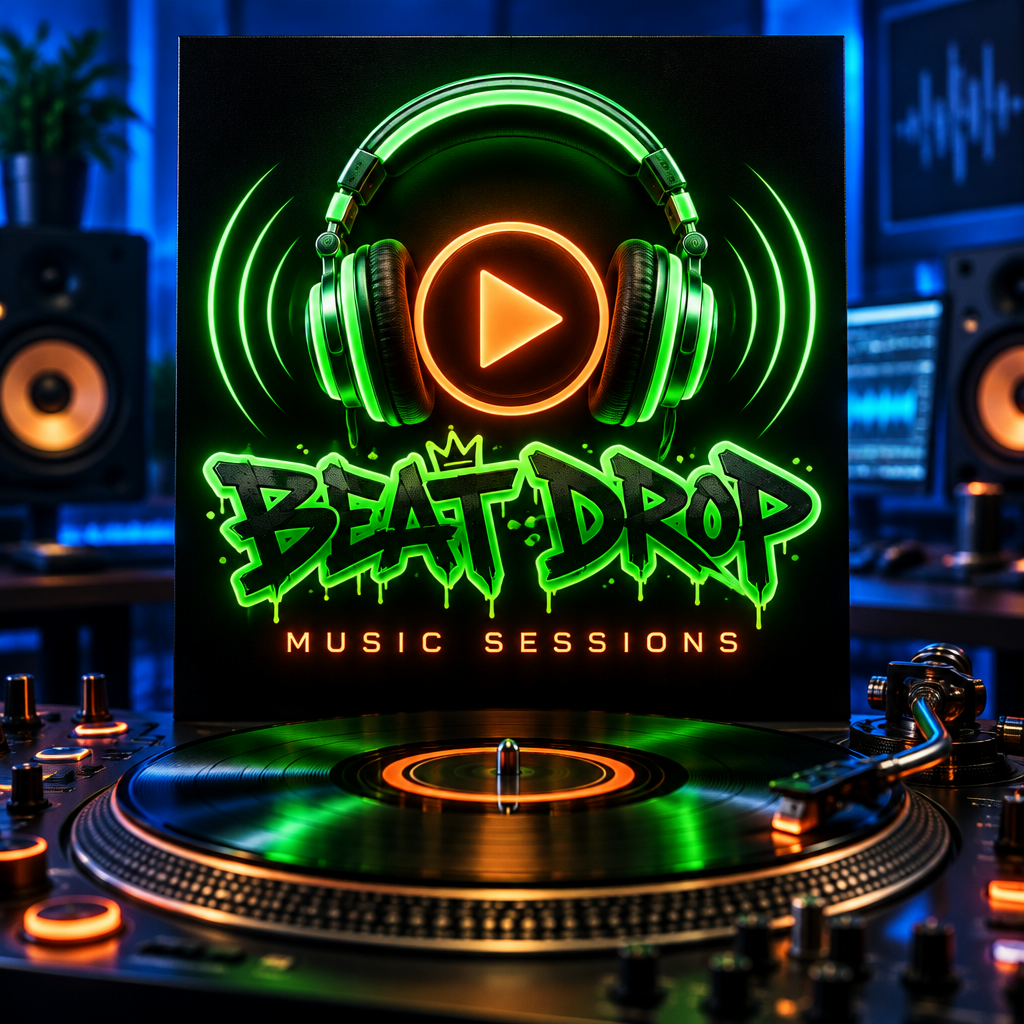 A 1:1 vibrant music YouTube logo. A minimalist headphone icon where the earcup is a glowing orange play button. Soundwave patterns pulse from the center. High-contrast neon green and black palette. "BEAT DROP" in bold graffiti-style font. The logo is printed on a professional DJ turntable cover.