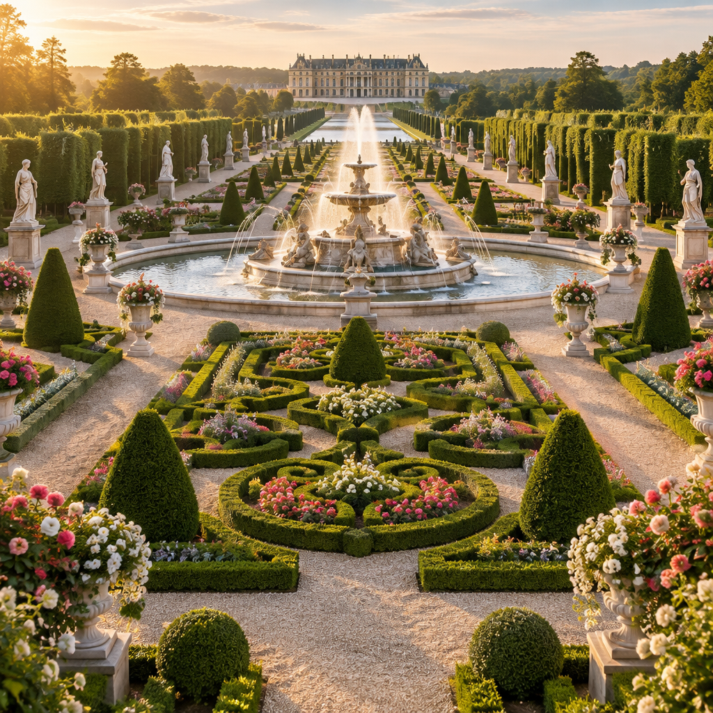 Classical French formal parterre garden with symmetrical clipped boxwood hedges and a tiered marble fountain.