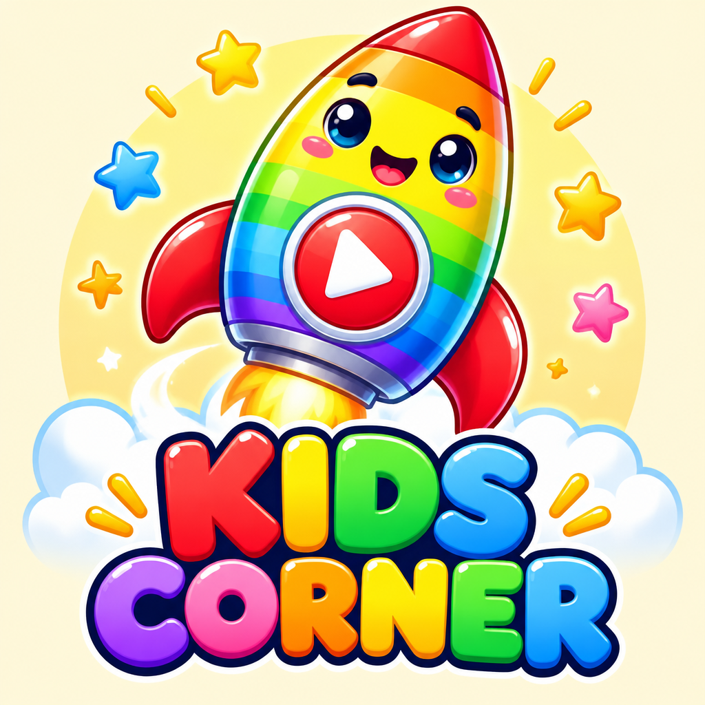 A 1:1 colorful kids' YouTube logo. A cute cartoon rocket ship with a big round play button as the window. Rainbow gradients and bright primary colors. "KIDS CORNER" in playful, bubbly 3D typography. The logo is displayed on a wooden toy box in a bright nursery.v