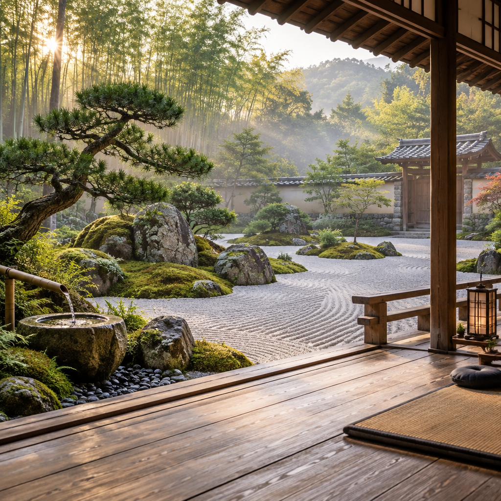 Japanese Zen rock garden with raked white gravel waves, moss islands, and a sculpted black pine tree.