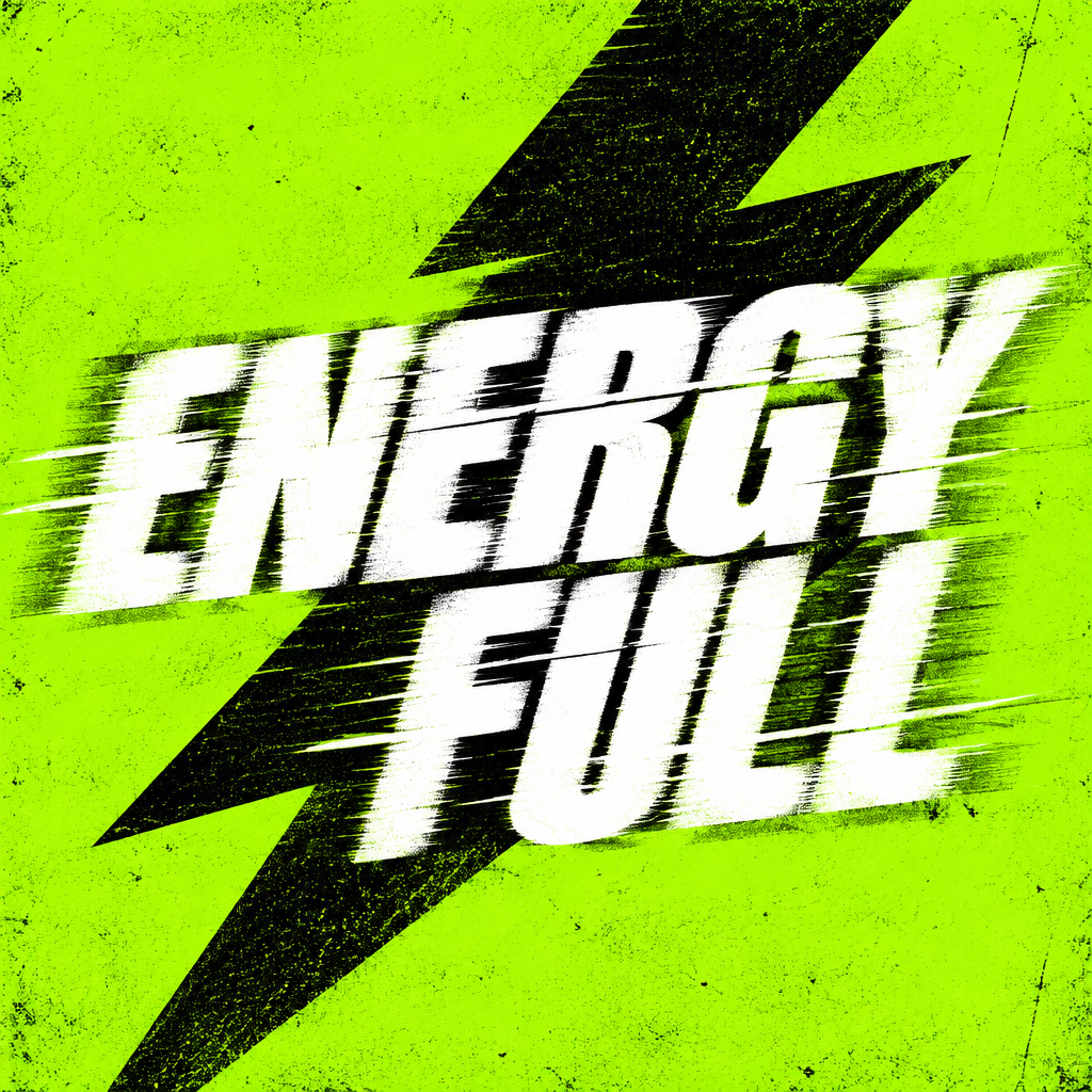 On a bright green background, a black lightning bolt is centered with bold white text “ENERGY FULL” across it, featuring speed lines on the font edges, conveying energy and dynamism.