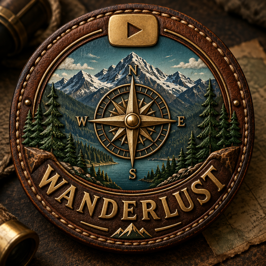 A 1:1 adventure YouTube logo. A circular design featuring a mountain peak silhouette where the summit is a golden play button. A compass needle points towards the center. Earthy tones of forest green and sky blue. "WANDERLUST TV" in rugged, vintage font. Logo printed on a leather luggage tag attached to a backpack.