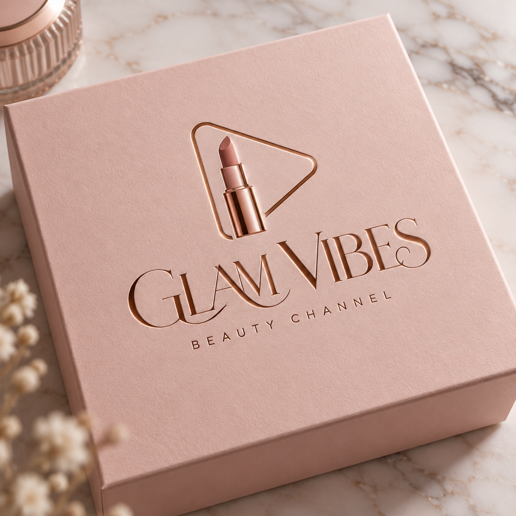A 1:1 elegant YouTube logo for a beauty channel. A minimalist line-art drawing of a lipstick tube that leaves a trail in the shape of a rose-gold play button. Soft pink and marble textures. "GLAM VIBES" in elegant, thin cursive typography. The logo is embossed on a high-end luxury cosmetics box.