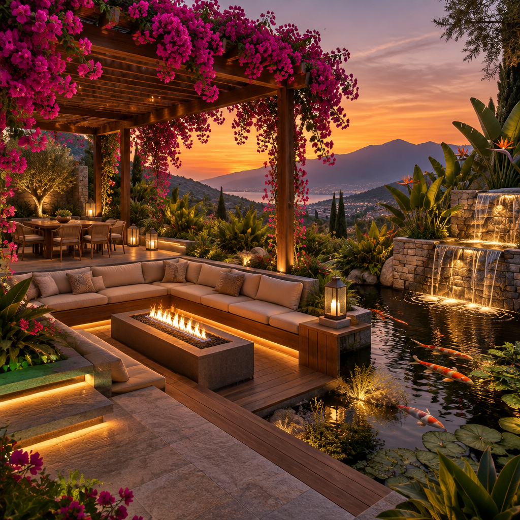 Modern luxury tropical terrace featuring a sunken lounge, firepit, and bougainvillea pergola by a koi pond.
