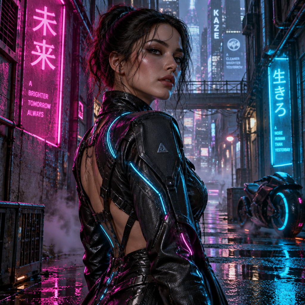 Imaginative futuristic portrait of a woman in high-tech glowing clothing standing in a neon-drenched futuristic megacity.