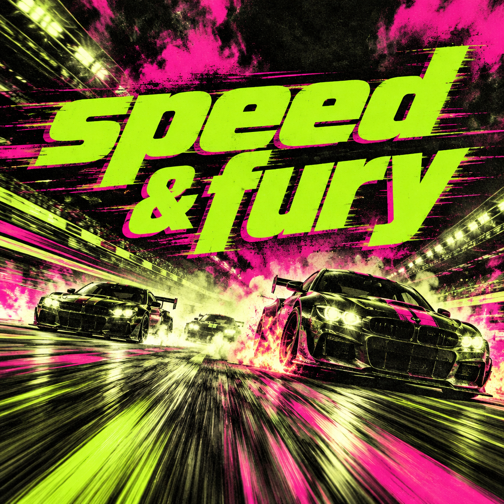 A high-energy racing-themed design with bold red flame-wrapped text “SPEED & FURY”, set against a blurred racetrack and speeding cars, conveying intense speed and passion.
