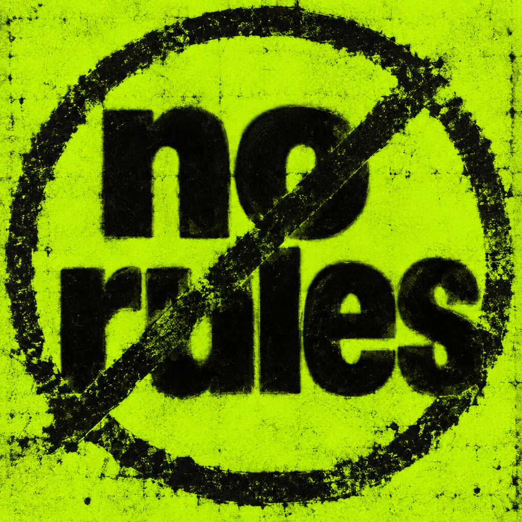 On a dark blue background, a white prohibition circle contains bold red text “NO RULES” with a red underline below, emphasizing the concept of rule-free freedom.