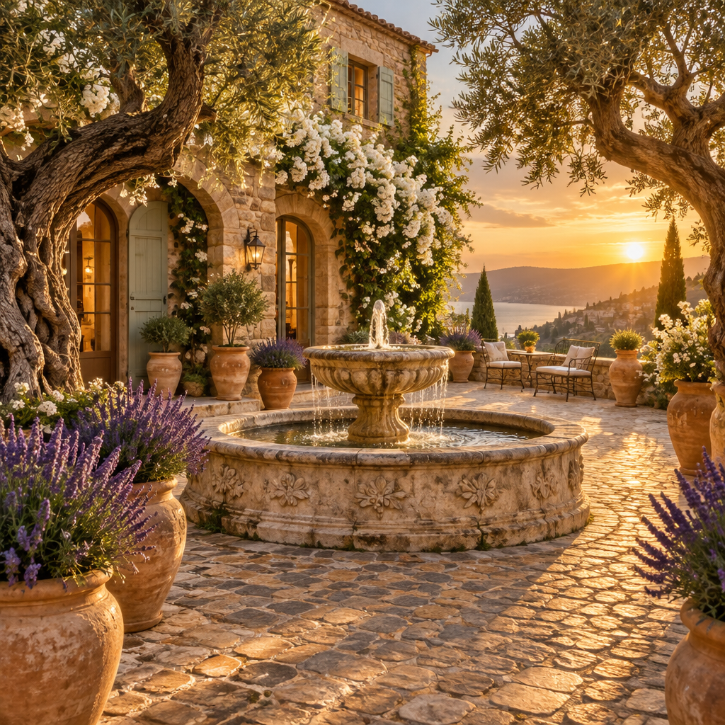 Sunlit Mediterranean courtyard with a limestone fountain, gnarled olive trees, and purple lavender in terracotta pots.