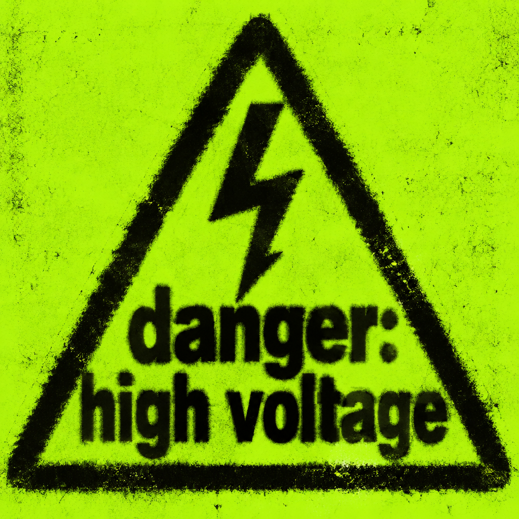 On a yellow background, a black triangular warning sign contains bold white text “DANGER; HIGH VOLTAGE”, used to warn of high voltage danger.
