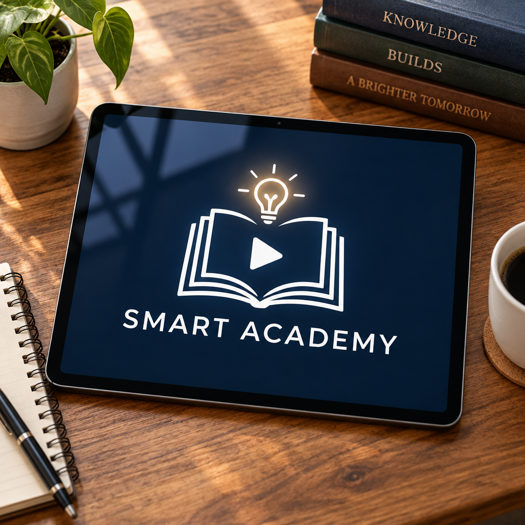 A 1:1 academic YouTube logo. An open book icon where the pages form the layers of a play button, with a glowing lightbulb above it. Royal blue and white color scheme. "SMART ACADEMY" in formal serif typography. The logo is displayed as a profile picture on a tablet screen next to some textbooks.
