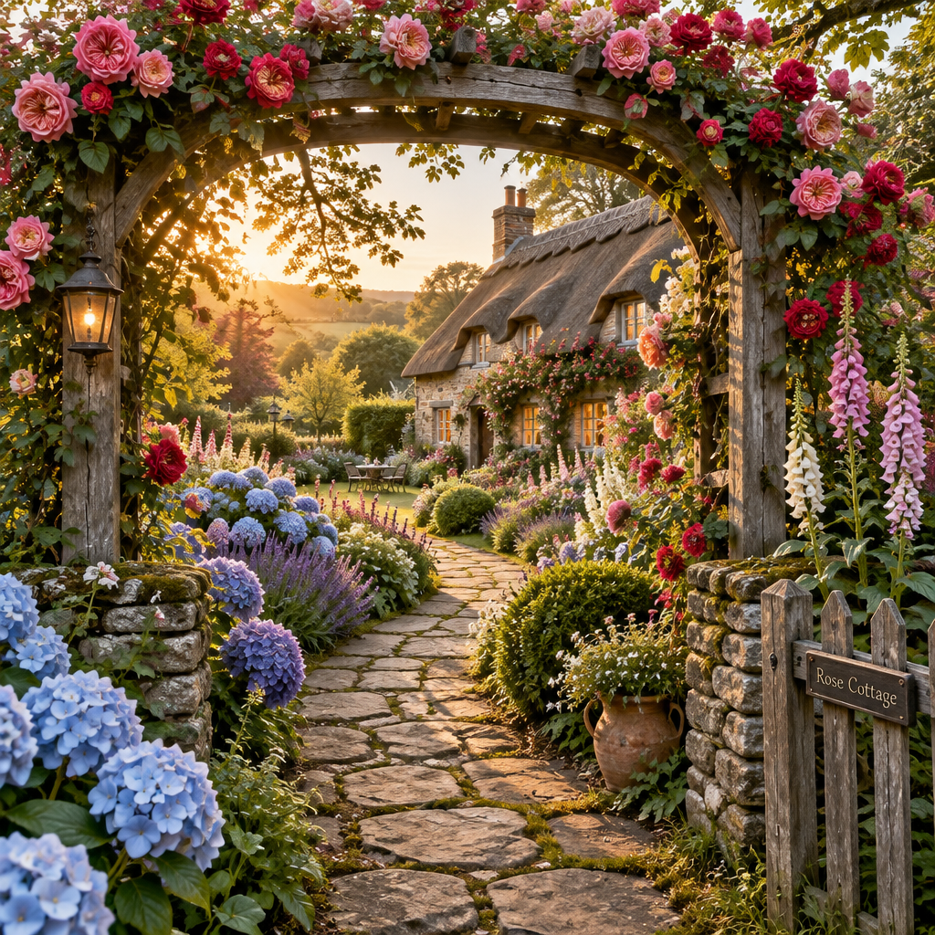 Romantic English cottage garden with an arched rose trellis over a stone pathway leading to a cottage.