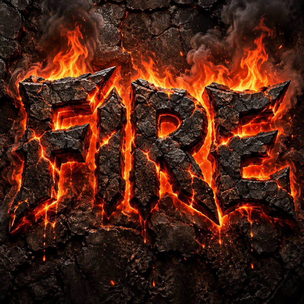  A 1:1 creative logo design. The graffiti logo "FIRE" appears as if it is made of glowing volcanic lava. Dark, hardened crust covers parts of the letters, while bright orange and red light leaks through the cracks. Embers and smoke rise from the logo. The background is a charred black wood texture. Hyper-detailed textures.