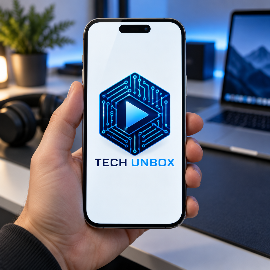 A sleek 1:1 YouTube logo for a tech channel. A minimalist silver circuit board pattern forming a play button shape inside a blue hexagonal frame. "TECH UNBOX" text in clean, modern typography. The logo is displayed as a crisp app icon on a high-resolution smartphone screen held in a hand.