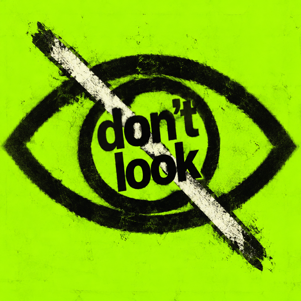 A minimalist warning sign featuring a white eye crossed out by a red diagonal line, with white text “DON'T LOOK” inside, on a pure black background, conveying a strong message to avoid looking.