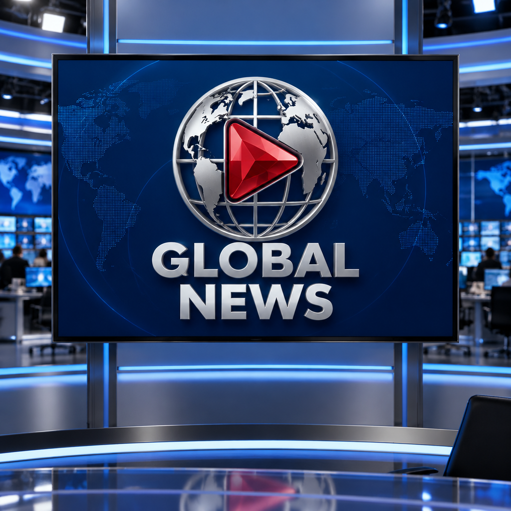 A 1:1 professional news YouTube logo. A stylized globe icon with a sharp red play button centered on the equator. Clean, bold lines with silver metallic effects. "GLOBAL NEWS" in heavyweight block letters. The logo is seen on a digital news ticker screen in a professional broadcasting studio.