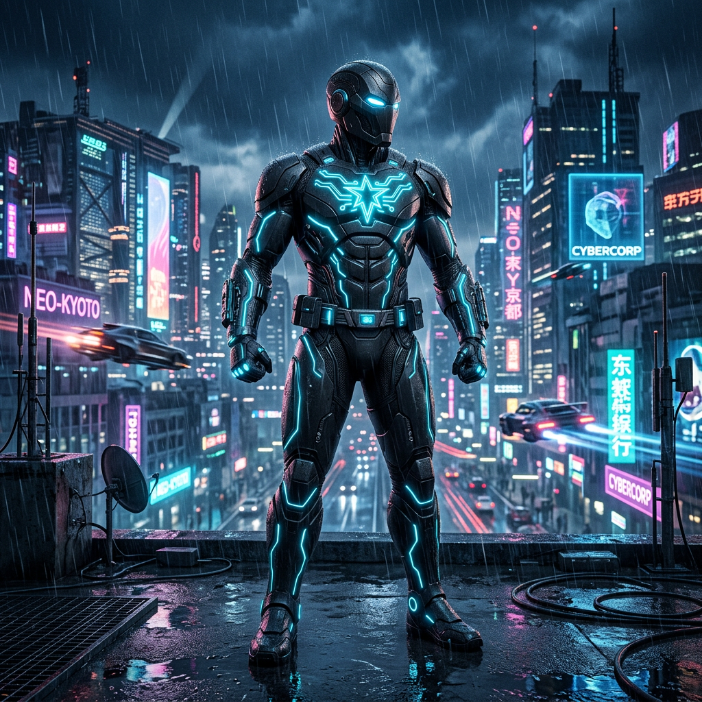 Futuristic sci-fi superhero in sleek nanotech armor with glowing neon circuit lines against a neon skyscraper skyline.
