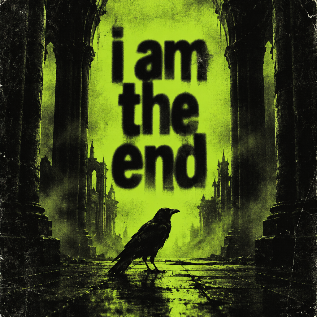 A dark gothic illustration featuring a black crow silhouette standing in the center of an ancient stone column hall, with white spiky text “I AM THE END” above. Light beams from the top create an apocalyptic and mysterious atmosphere.
