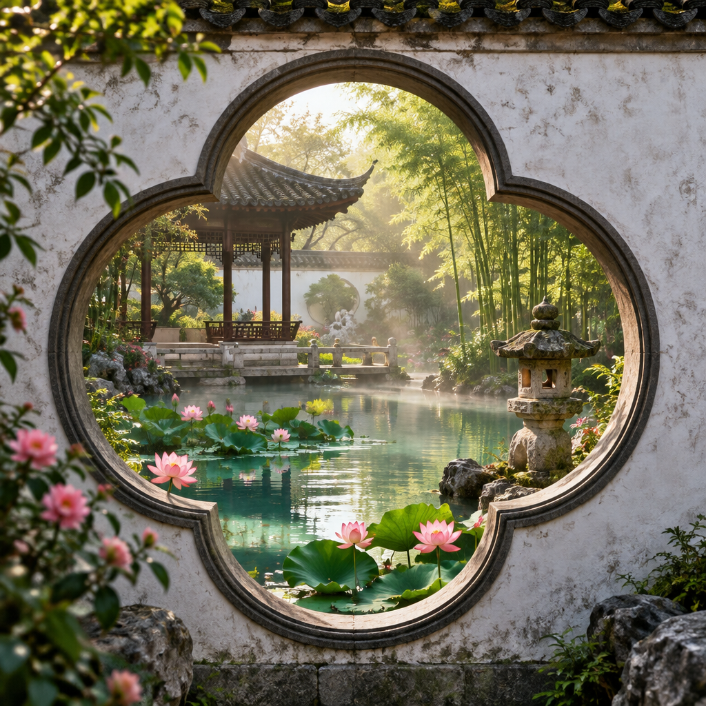 Traditional Chinese white garden wall with a begonia-shaped window framing a lotus pond and bamboo.