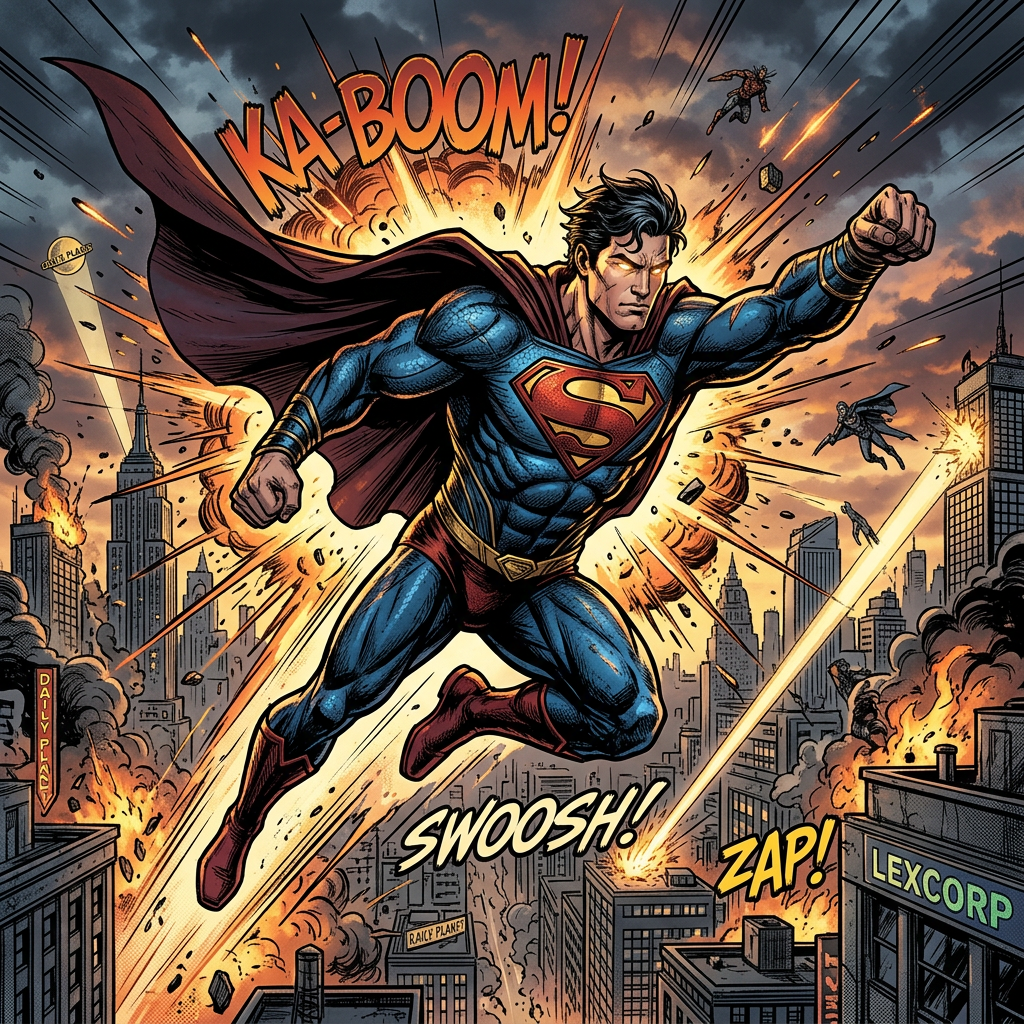 Dynamic modern comic book splash page of a powerful superhero mid-flight with bold dip-pen inks and vibrant primary colors.