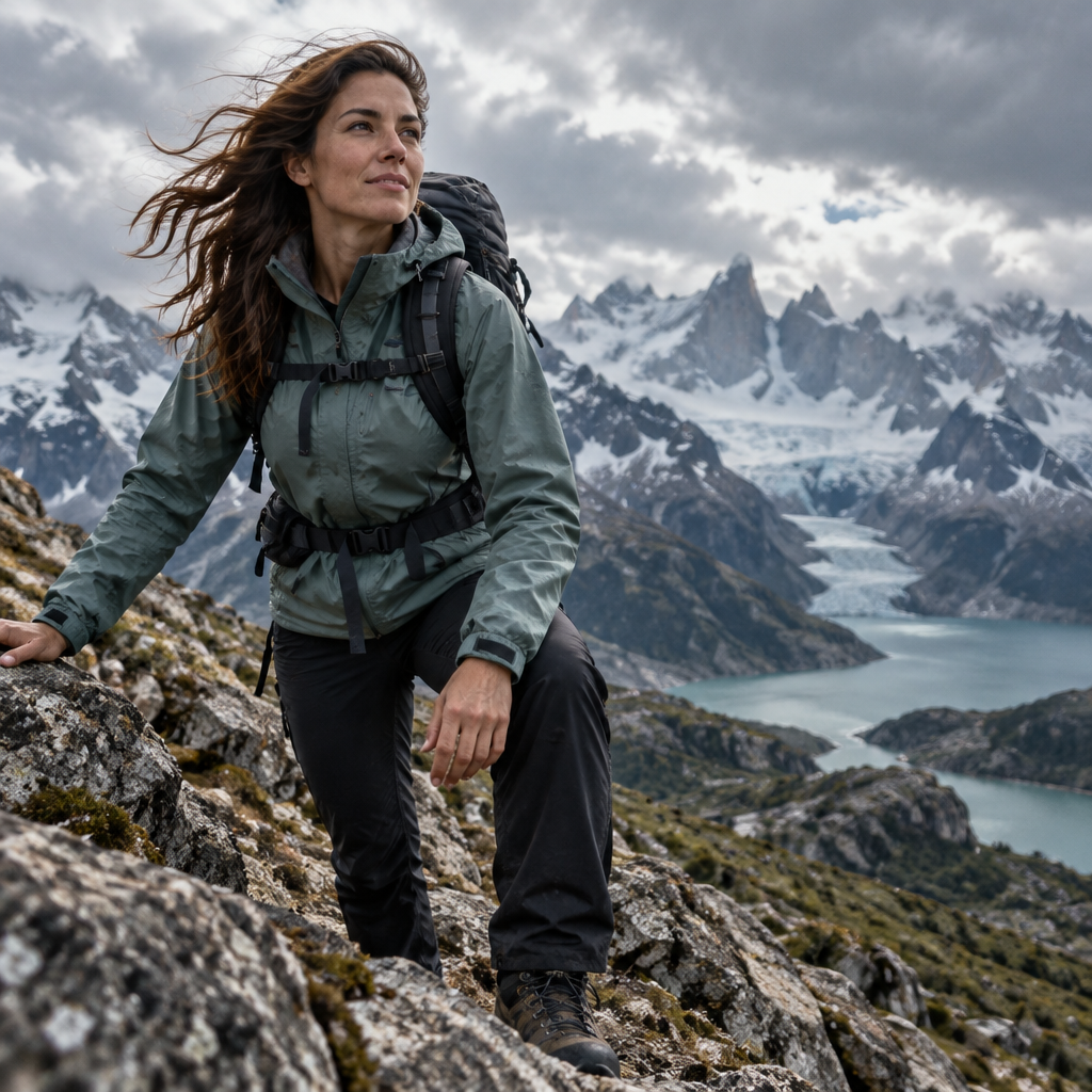 Adventurous outdoor portrait of a woman in practical hiking gear with an active pose against a majestic mountain landscape.