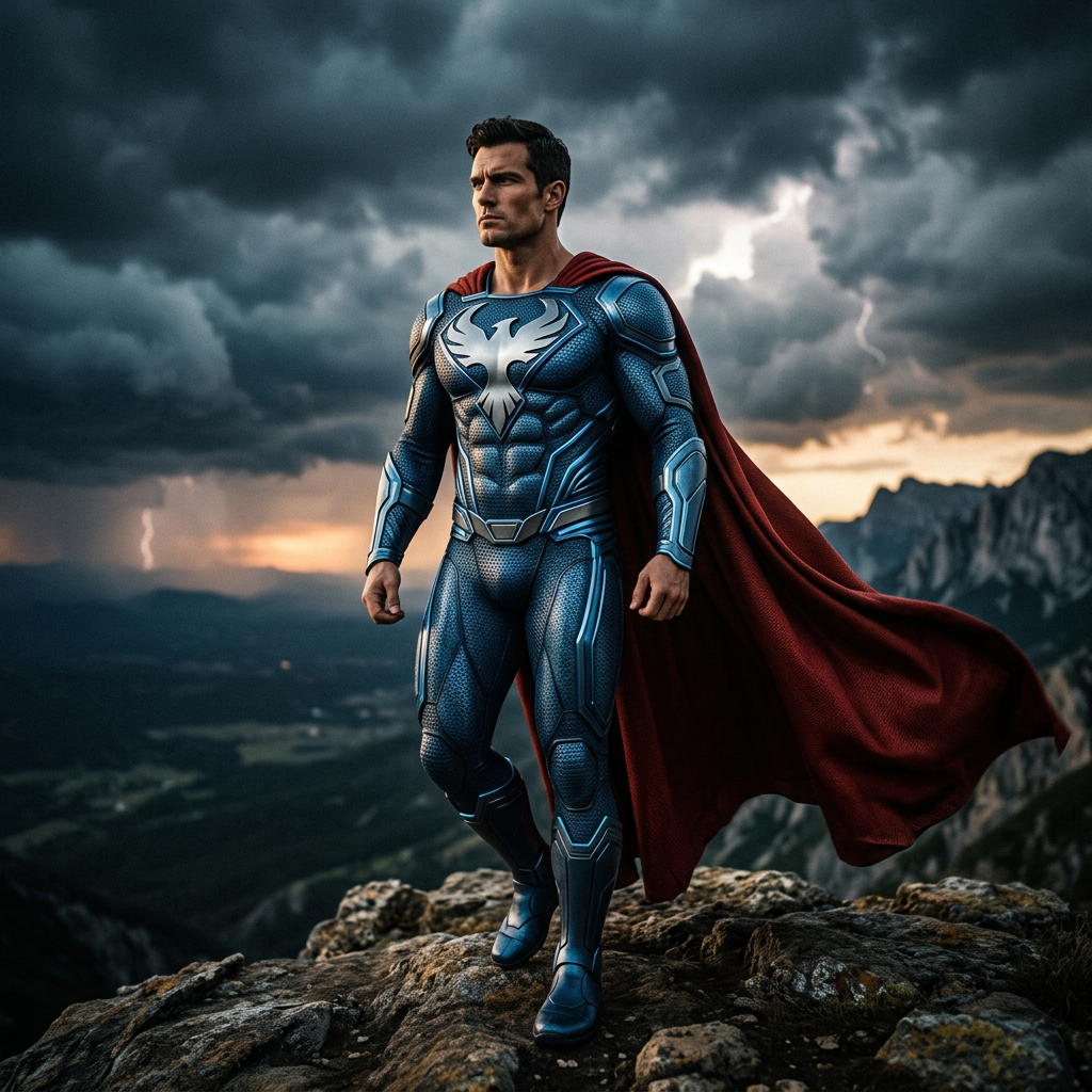 Ultra-realistic cinematic portrait of a majestic superhero in an intricate hexagonal weave suit with a flowing red cape under dramatic rim lighting.