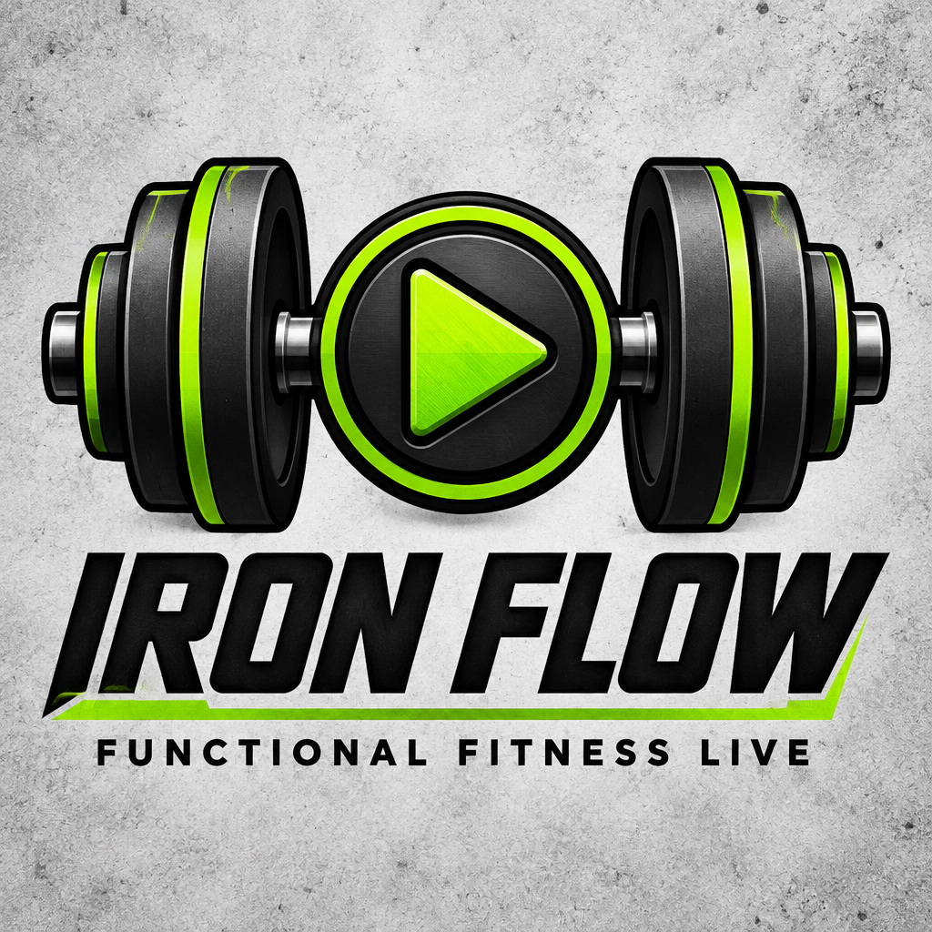 A 1:1 powerful YouTube logo for a fitness channel. A minimalist silhouette of a heavy dumbbell where the weights are shaped like triangular play buttons. Vibrant lightning yellow and charcoal grey. "IRON FLOW" in slanted, high-speed typography. The logo is shown as a wall decal in a modern warehouse-style gym.