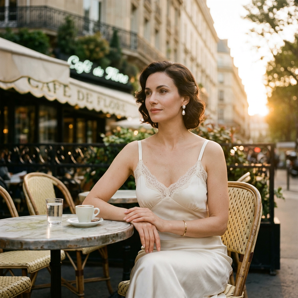 Refined and elegant vintage fashion portrait of a woman in a silk dress with graceful posture against a Parisian cafe backdrop.