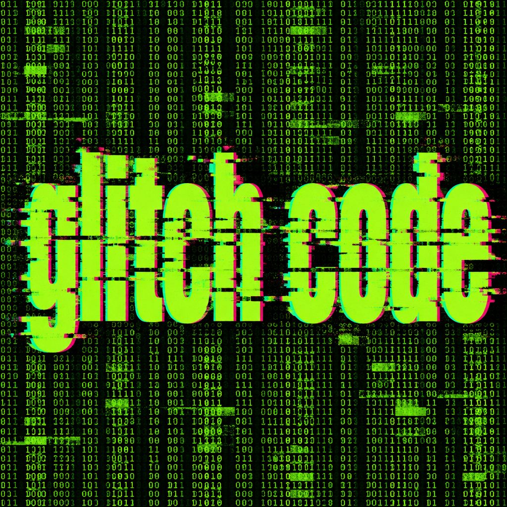 Cyberpunk-style glitch art with green binary code background and large red text “GLITCH CODE” featuring pixel distortion and color shift effects, simulating system crash or data interference.