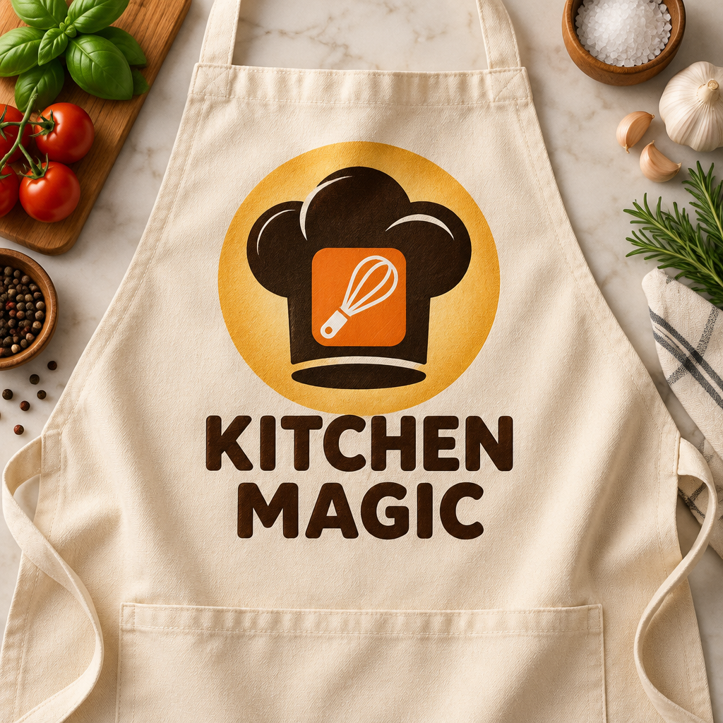 A 1:1 warm-toned YouTube logo. A chef's hat silhouette where the top fold is a bright orange play button, combined with a minimalist whisk icon. Soft pastel yellow background. The typography "KITCHEN MAGIC" is in a friendly, rounded sans-serif font. The logo is printed on a professional white linen apron worn by a chef.