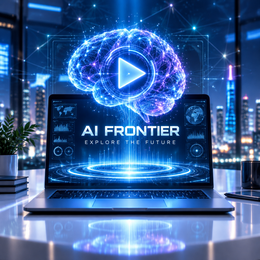 A 1:1 futuristic AI YouTube logo. An abstract human brain silhouette made of glowing blue fiber-optic lines, with a translucent crystal play button in the center. Gradient effects and digital bokeh background. "AI FRONTIER" in sleek, thin sans-serif. Logo displayed as a glowing hologram above a silver laptop.