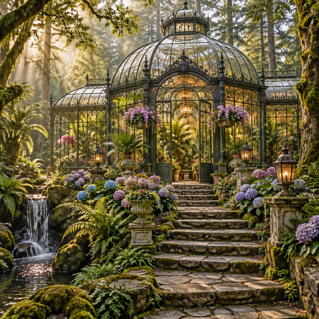 Victorian glasshouse conservatory in a sunlit woodland surrounded by blooming hydrangeas and ferns.