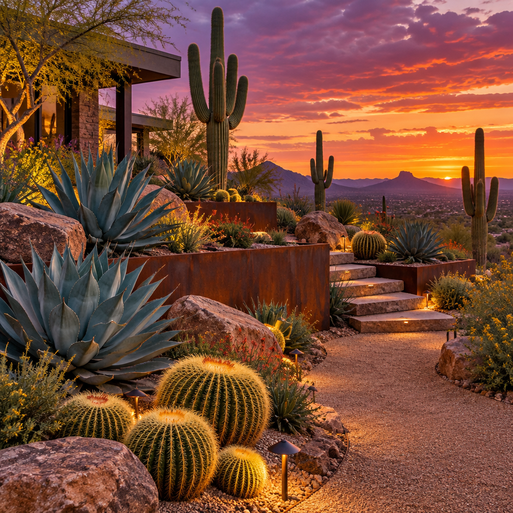 Modern desert garden featuring towering saguaro cacti, golden barrel cacti, and corten steel planters at sunset.