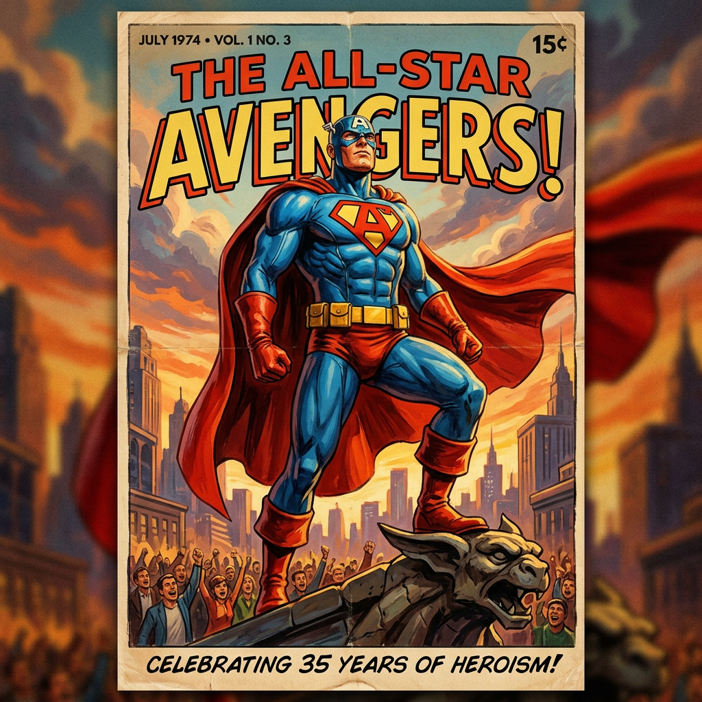 1970s hand-painted silver age retro superhero poster with warm analog film grain and classic painterly brushwork.