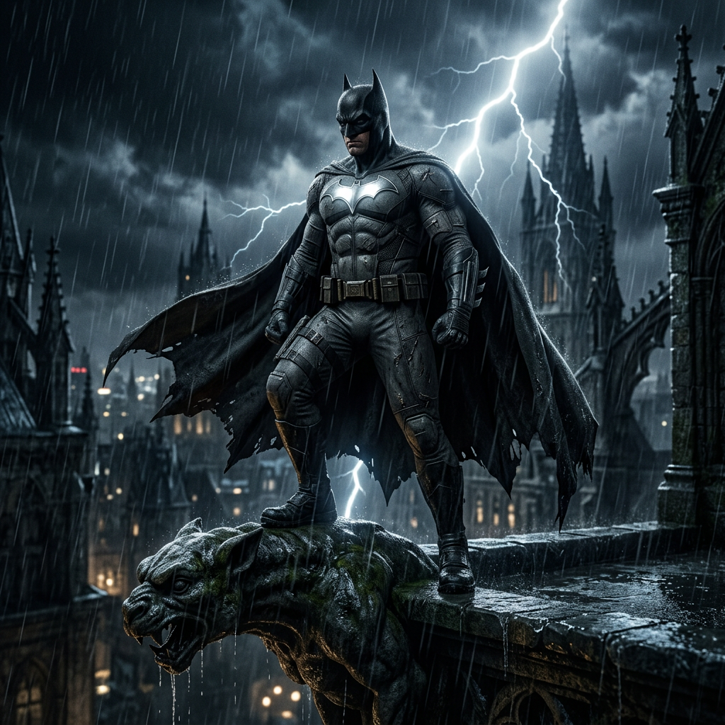 Gritty dark gothic superhero standing under heavy chiaroscuro rain shadows with dramatic high-contrast emblem highlights.