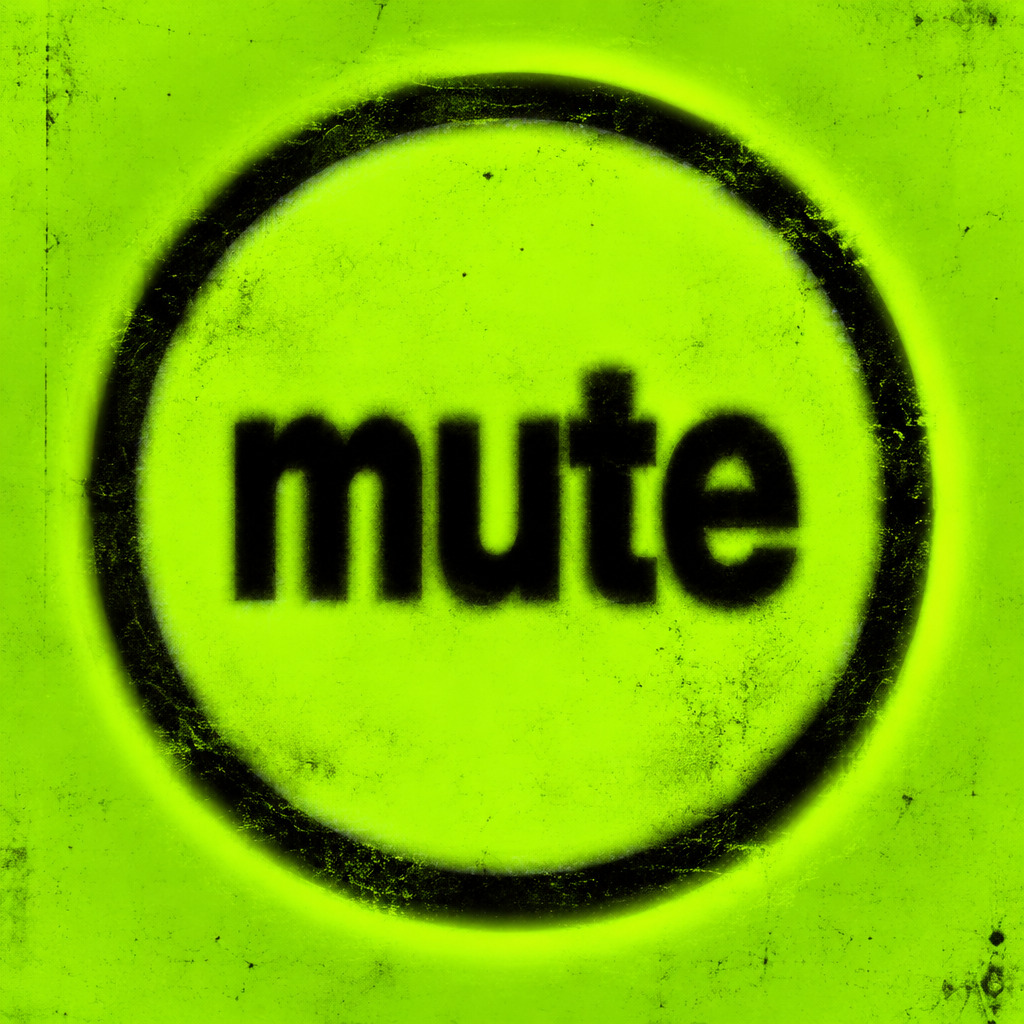 On a dark purple background, a glowing white ring contains purple “MUTE” text, creating a tech-savvy atmosphere with a mute prompt.
