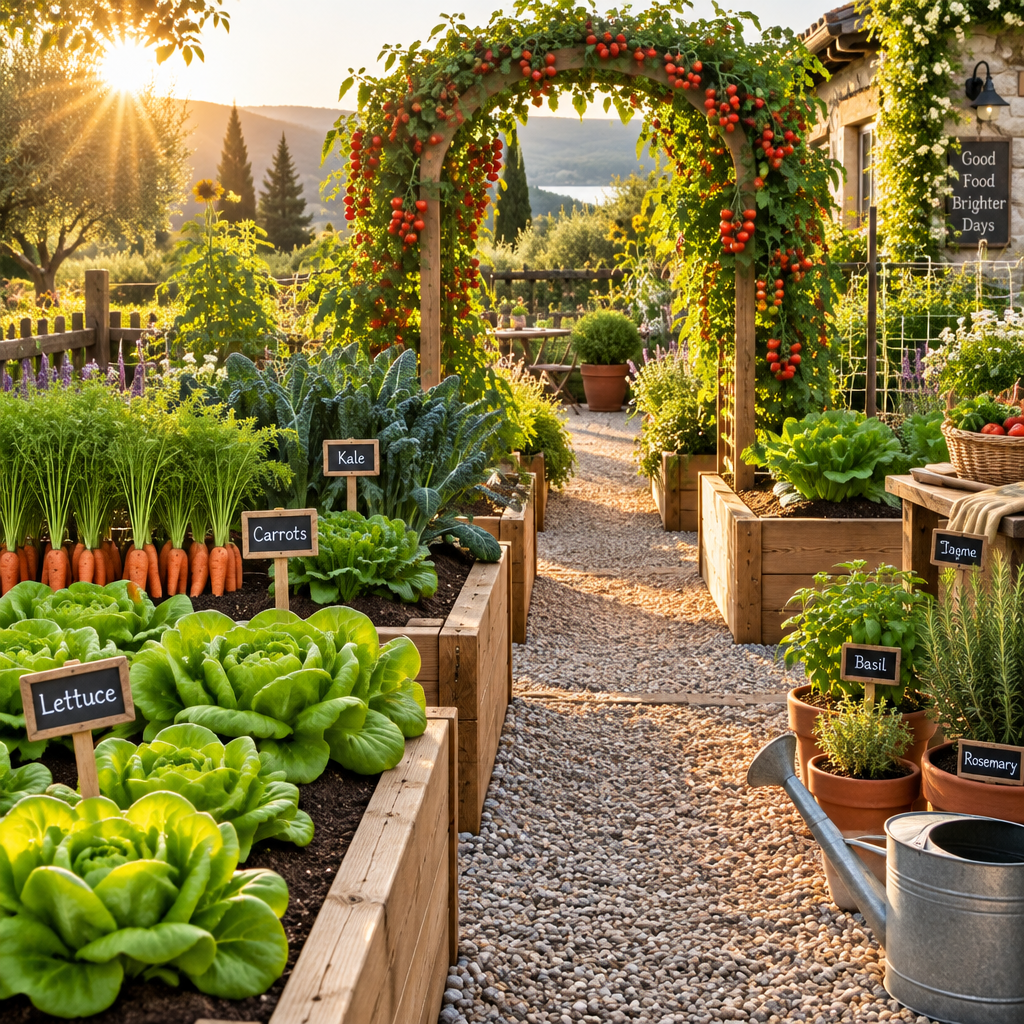 Sunny kitchen vegetable garden featuring raised cedar beds with lettuce and a tomato-covered arch trellis.