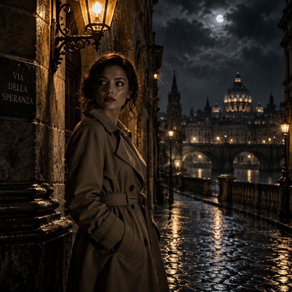 Moody cinematic film still of a mysterious woman in a trench coat standing under a dramatic streetlamp in the rain.
