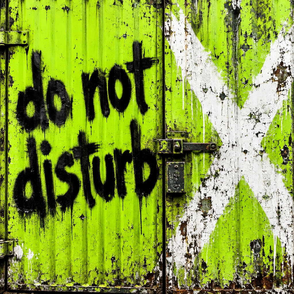 On a red metal door, white spray-painted text reads “DO NOT DISTURB”, accompanied by a large white “X” mark, presenting an industrial style with a warning tone.