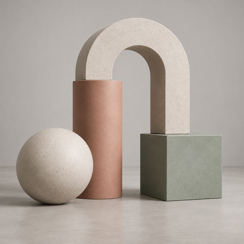 Balanced architectural composition of basic geometric solids including a sphere, arch, and cube