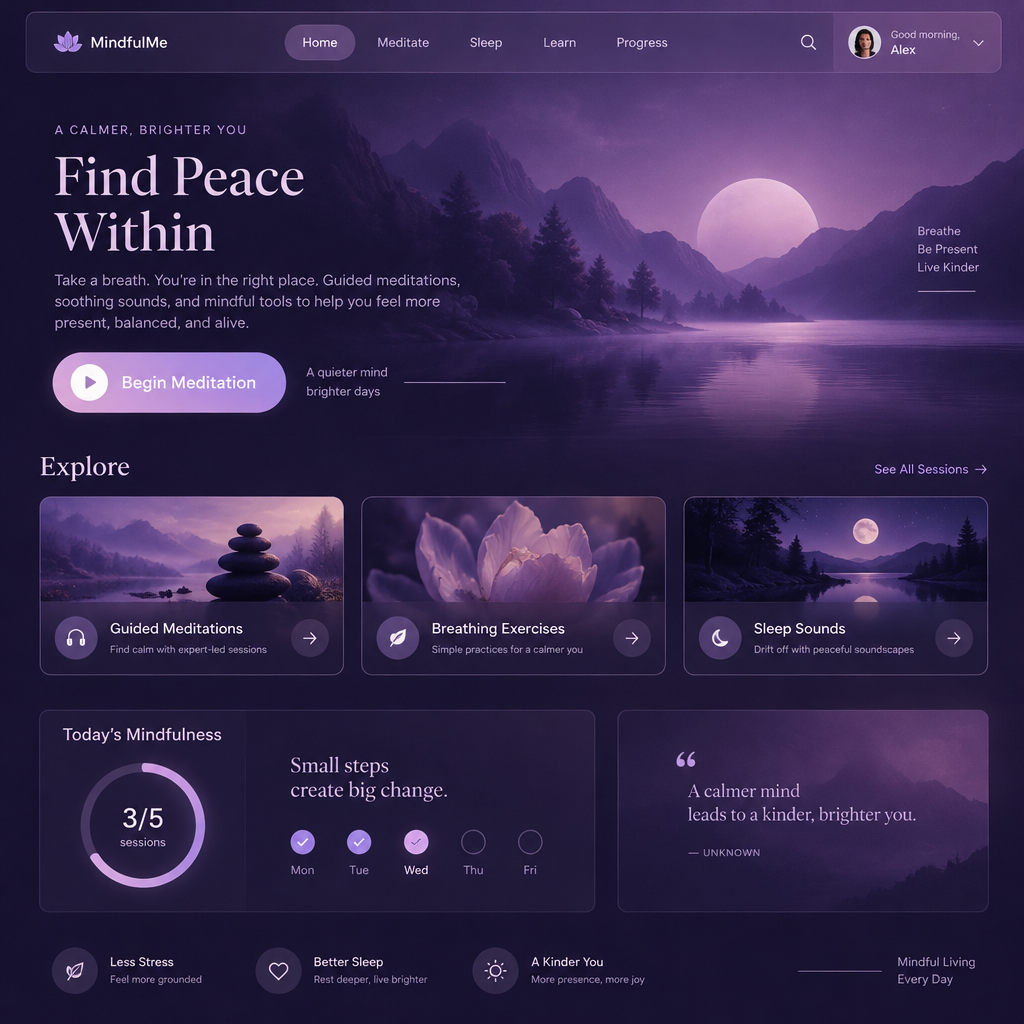 Deep purple meditation app screen with glassmorphism navigation.