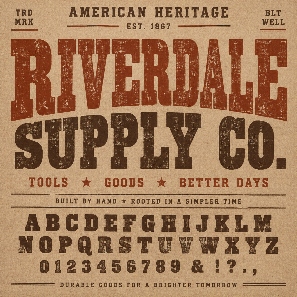 American vintage woodblock slab serif typography poster with weathered letterpress ink texture on kraft paper