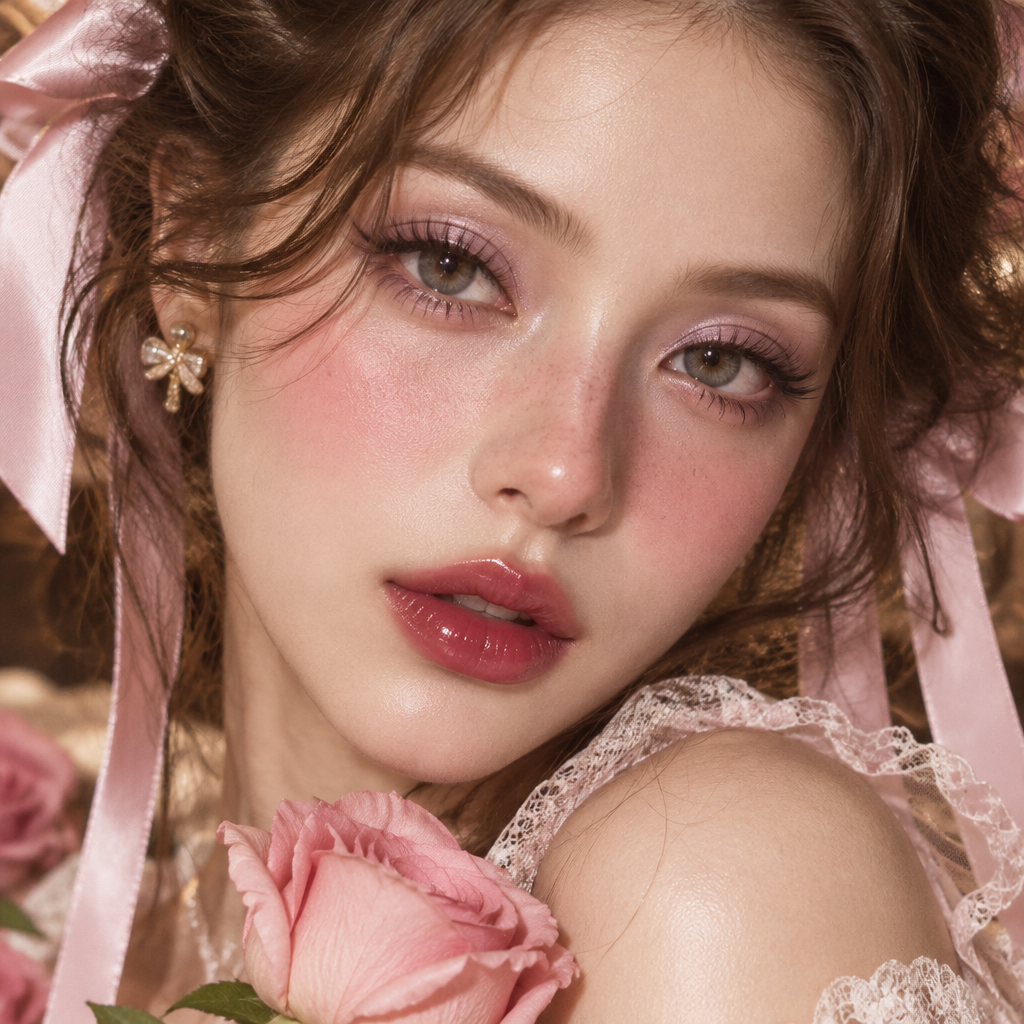 High-fashion beauty portrait featuring intense romantic pink doll blush and glossy cherry red lips