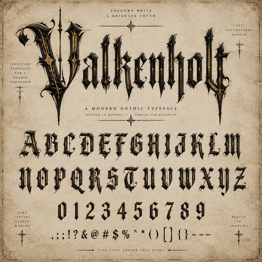Dark fantasy modern Gothic blackletter typography specimen with sharp dagger serifs and gold foil calligraphy