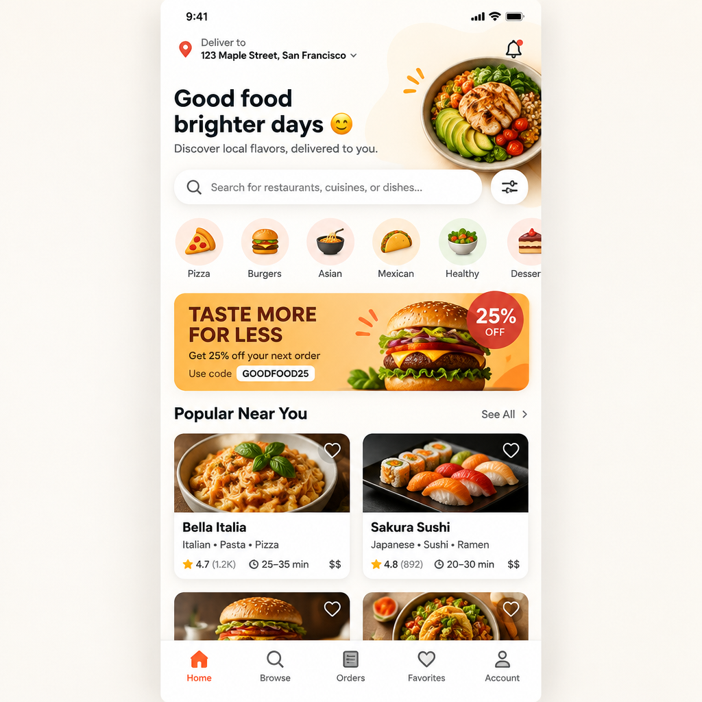 Food delivery UI with high-res images and 3D category icons.