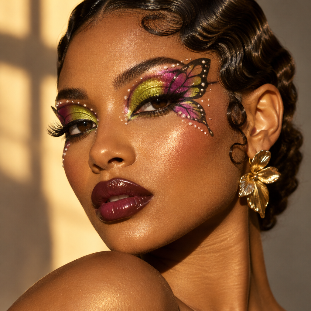 Editorial beauty portrait featuring intricate lime green and magenta graphic butterfly eye art on warm glowing skin
