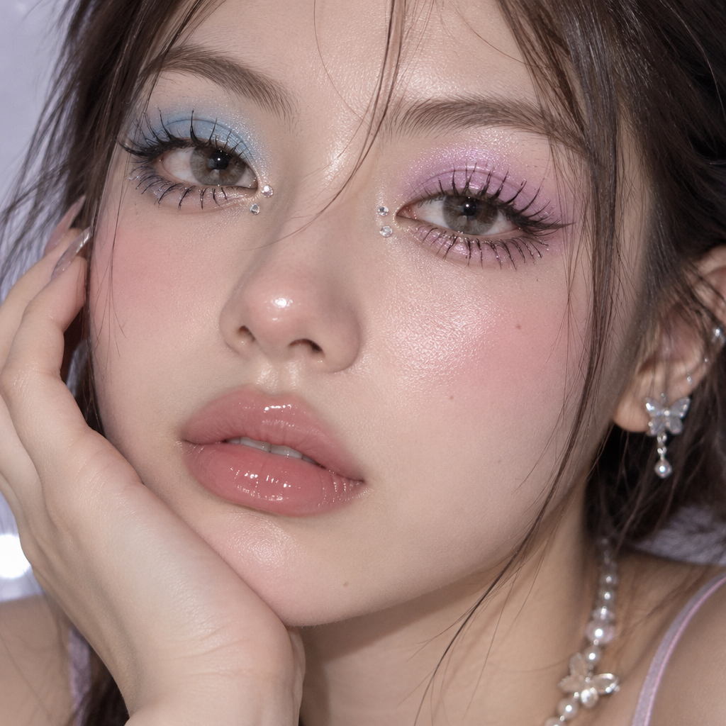 Y2K inspired beauty portrait with mismatched baby blue and lilac eyeshadow and spidery doll lashes