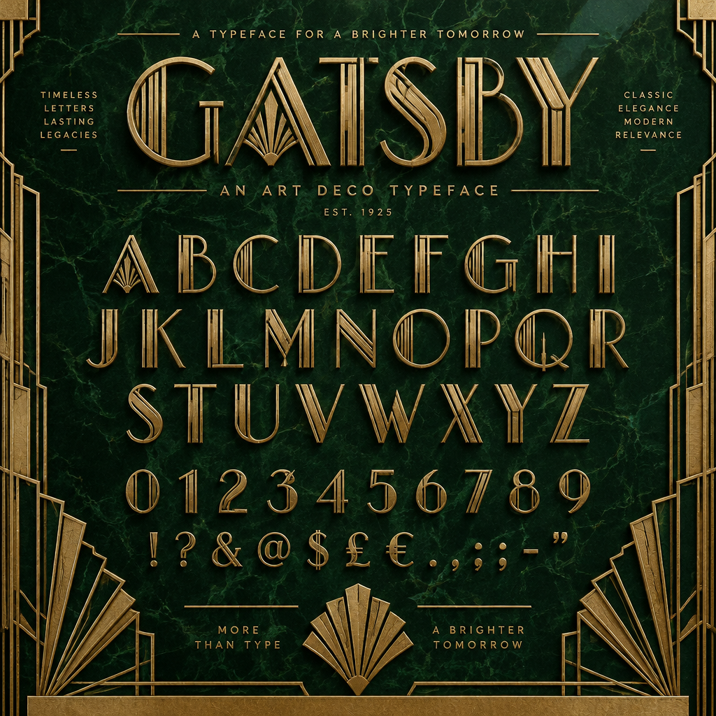Elegant 1920s Art Deco geometric display typeface with gold inlay lines on dark emerald marble