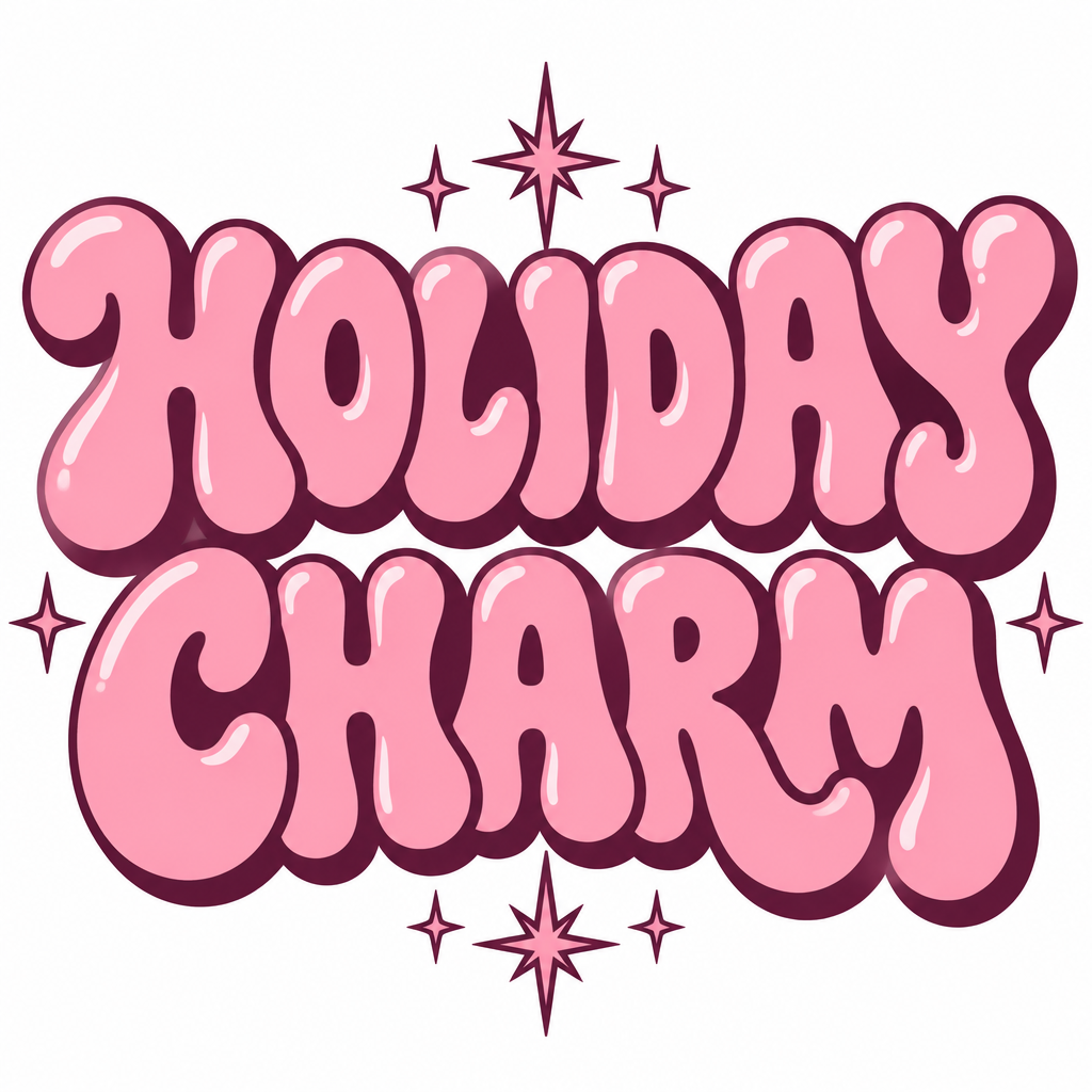 Retro 1970s groovy bubble font typography design in pastel pink with sparkle stars on white background